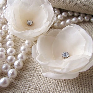 Bridal hair pins with handmade sheer voile fabric flowers (set of 2 pcs) - IVORY MAGNOLIA BLOSSOMS