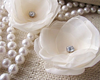 Bridal hair pins with handmade sheer voile fabric flowers (set of 2 pcs) - IVORY MAGNOLIA BLOSSOMS