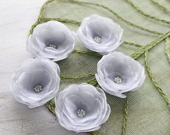 Water Lilies- Handmade organza flower appliques, fabric flower embellishment, floral supplies, silk flowers for crafts (5 pcs)- SILVER GRAY