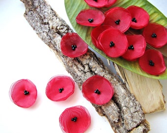 Handmade organza sew on flower appliques (20 pcs)- MINI RED POPPIES