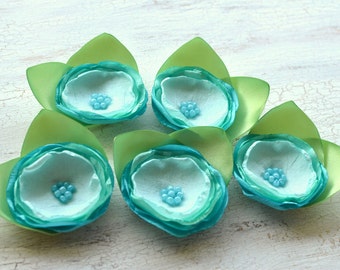 Fabric flower appliques, silk fabric embellishments, fabric supplies, floral appliques, rose appliques (6 pcs)- BLUE OMBRE ROSES With Leaves