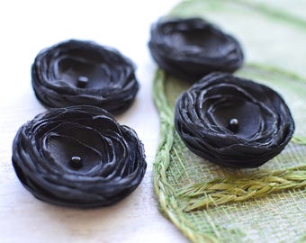 Tiny and Thick- Handmade fabric flowers, organza satin sew on flower appliques, flower embellishments, small silk flowers  (4pcs)- BLACK