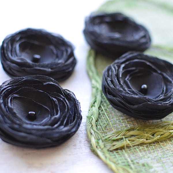 Tiny and Thick- Handmade fabric flowers, organza satin sew on flower appliques, flower embellishments, small silk flowers  (4pcs)- BLACK