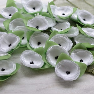 Fabric flowers, sheer silk flowers bulk, wholesale silk flowers, flower appliques, floral embellishments (6 pcs) - WHITE ROSES With Leaves