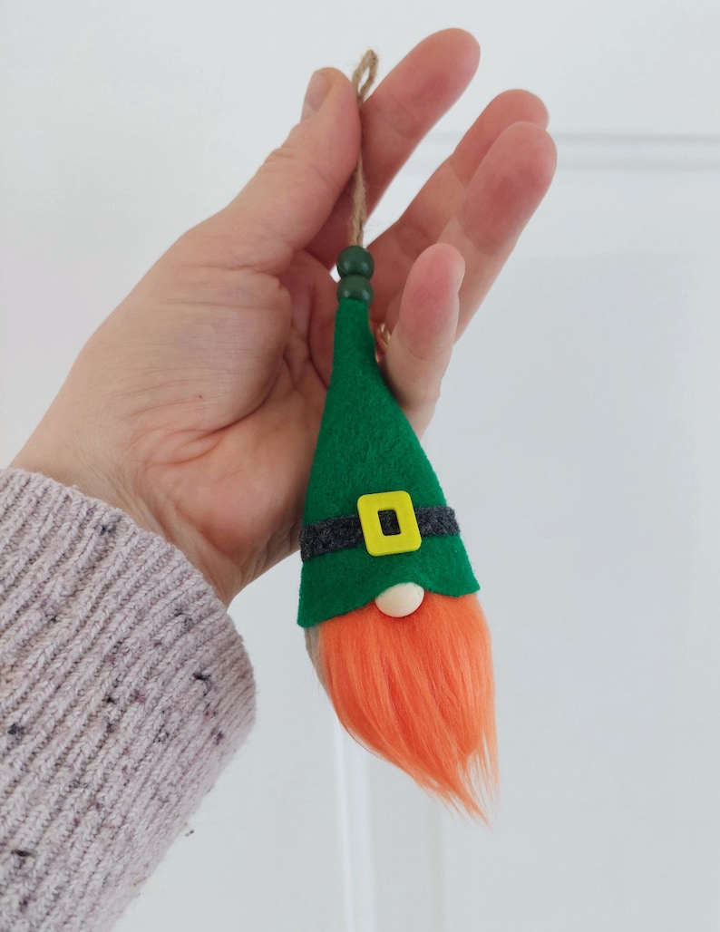 St Patricks Day gnome ornament, gift topper, home decor, tree ornament, St Paddys ornament, Irish gnome toy, office decor GINGER 1 pcs image 2