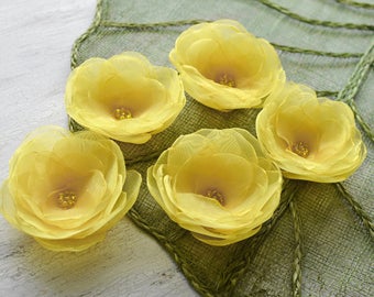 Water Lilies- Organza sew on flower appliques, fabric flowers, handmade floral decor, silk flowers, organza flower (5 pcs)- BRIGHT YELLOW