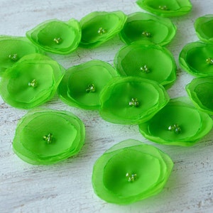 Sheer voile flower appliques, fabric flower embellishments, fabric flowers, silk flowers, floral embellishments (15pcs)- LIME GREEN BLOSSOMS