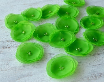 Sheer voile flower appliques, fabric flower embellishments, fabric flowers, silk flowers, floral embellishments (15pcs)- LIME GREEN BLOSSOMS