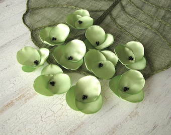 Hydrangea  fabric flower appliques, handmade satin sew on blossoms for sewing, bridal, hair accessory crafts  (10 pcs)- LIME GREEN