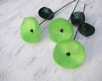 Fabric flowers with stems, handmade organza poppies, home decor, bouquet supplies- set of 3 pcs- LIME GREEN POPPIES (as seen in Brides)