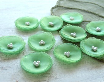 Fabric flower sew on appliques, organza flowers, fabric floral appliques, handmade flowers for crafts (10 pcs)- SHEER GREEN/BLUE