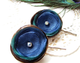 Bobby pins with handmade satin and organza fabric flowers (set of 2 pcs) - TINY PEACOCK FLOWERS (with rhinestones)