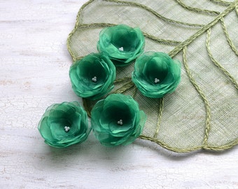 Water Lilies handmade organza sew on flower appliques, Fabric flower embellishments for sewing and crafts (5 pcs)- FOREST GREEN