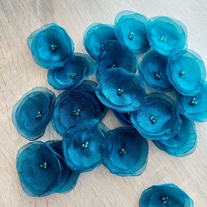 Organza fabric sew on flower appliques, peacock flowers, fabric flowers, organza flowers bulk, silk poppies 15 pcs DARK BLUE TEAL image 4