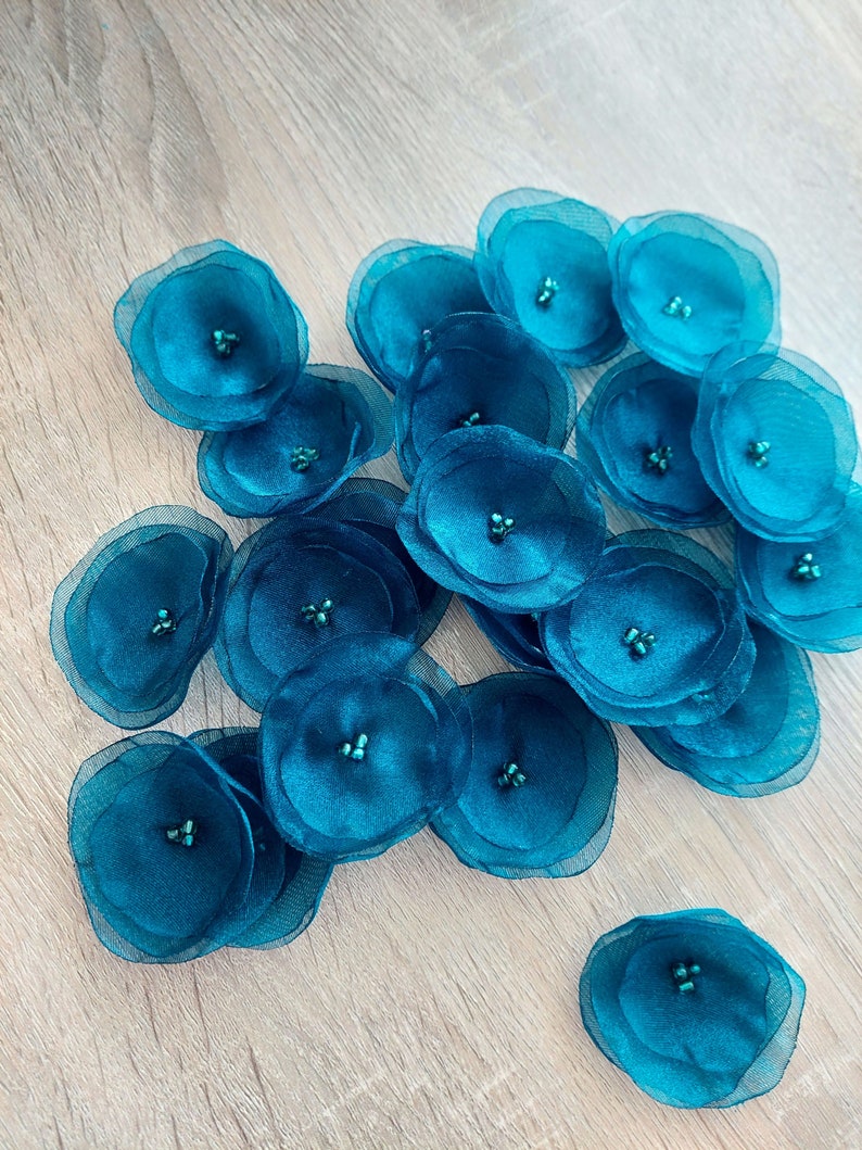 Organza fabric sew on flower appliques, peacock flowers, fabric flowers, organza flowers bulk, silk poppies 15 pcs DARK BLUE TEAL image 4