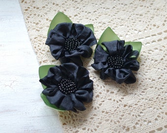 Country chic frayed fabric flower embellishment, flower appliques, fabric flowers, silk flowers, satin silk applique (3 pcs) - BLACK DAISIES