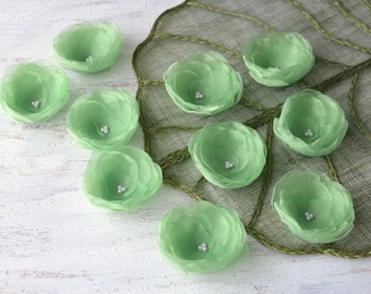 Water Lilies handmade organza sew on flower appliques, Fabric flower embellishments for sewing and crafts (5 pcs)-  SPRING GREEN / PISTACHIO