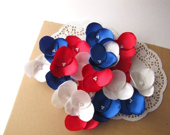 Hydrangea Blossoms- Satin fabric handmade flower appliques, floral embellishments for crafts (15 pcs)- PATRIOTIC MEADOW (Ivory- Red- Blue)