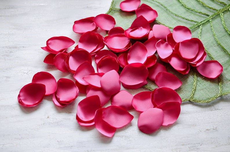 Satin leaf appliques, rose petals, fabric embellishment, fabric petals, wedding scatter petals, silk petals bulk 50pcs FUCHSIA PINK SATIN image 1