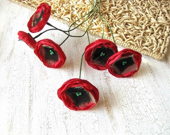 Fabric flowers with stems, stemmed popies, fabric flowers, vase fillers, floral home decor- set of 6 pcs- RED WILD POPPIES