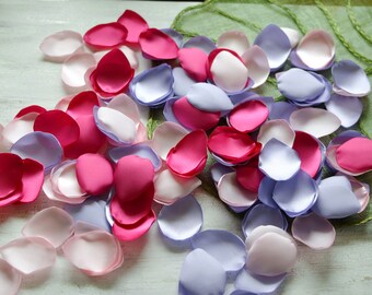 Satin leaf applique, rose petals, fabric embellishment, fabric petals, wedding petals, silk petals bulk (100pcs)- FUCHSIA, PINK and LAVENDER