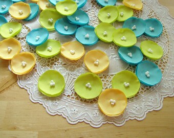 Fabric flowers, sew on flower appliques, fabric appliques, wedding craft supplies (30 pcs)- MINI POPPIES (Yellow, Blue and Green)