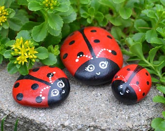 Hand painted ladybug rocks, Garden decor, Outdoor ladybug stones, Gardener gift, Yard art, Handmade painted kindness rocks-  RED LADYBUGS