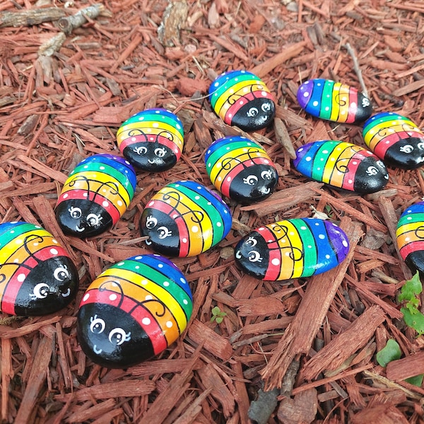 Painted kindness rock, ladybug rock, rainbow stone, garden decor, ladybug decor, painted pebble rock decor, rock pet (1pcs)- RAINBOW LADUBUG