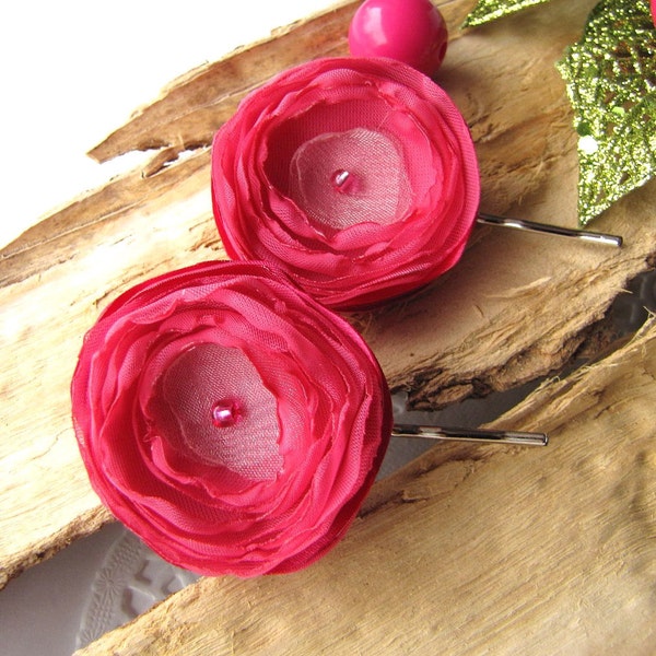 Handmade bobby pins with fabric flowers (set of 2 pcs) - HOT PINK BLOSSOMS