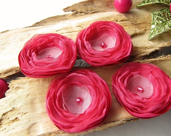 Tiny and Thick - Fabric embellishments - Sheer voile satin sew on flower appliques (4pcs)- HOT  PINK