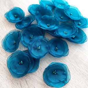 Organza fabric sew on flower appliques, peacock flowers, fabric flowers, organza flowers bulk, silk poppies 15 pcs DARK BLUE TEAL image 1