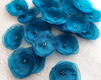 Organza fabric sew on flower appliques, peacock flowers, fabric flowers, organza flowers bulk, silk poppies (15 pcs)- DARK BLUE TEAL
