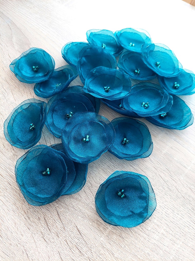 Organza fabric sew on flower appliques, peacock flowers, fabric flowers, organza flowers bulk, silk poppies 15 pcs DARK BLUE TEAL image 1