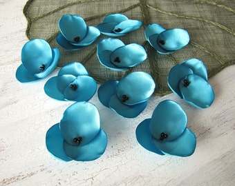 Hydrangea  fabric flower appliques, handmade satin sew on blossoms for sewing, bridal, hair accessory crafts  (10 pcs)- TURQUOISE