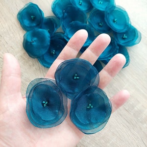 Organza fabric sew on flower appliques, peacock flowers, fabric flowers, organza flowers bulk, silk poppies 15 pcs DARK BLUE TEAL image 2