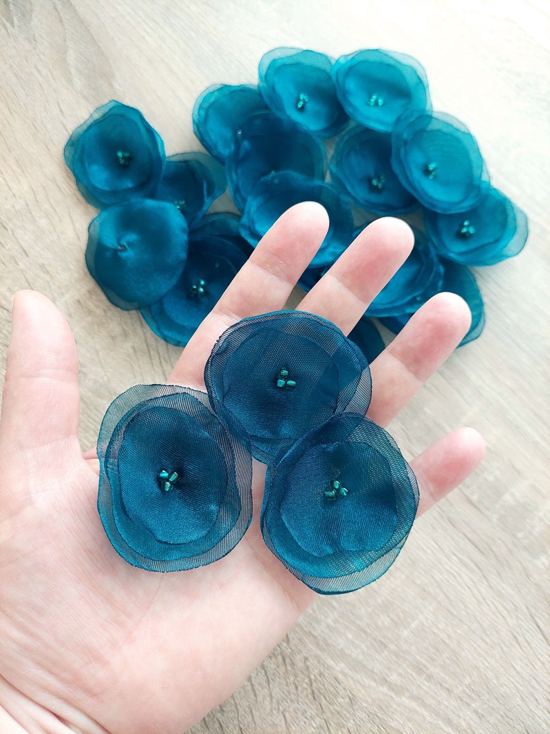 Organza fabric sew on flower appliques, peacock flowers, fabric flowers, organza flowers bulk, silk poppies 15 pcs DARK BLUE TEAL image 2