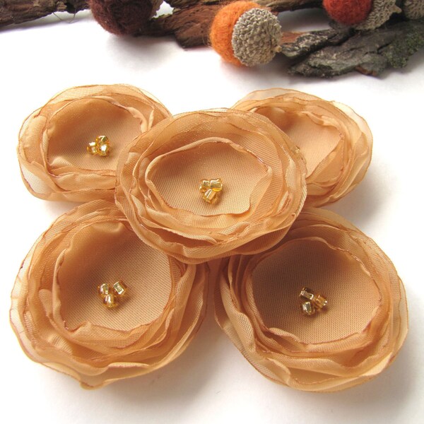 Voile transparent fait main à coudre sur des appliqués de fleurs, fleurs en tissu, embellissements floraux, fleurs pour travaux manuels (5 pièces) - FLEURS DE CARAMEL