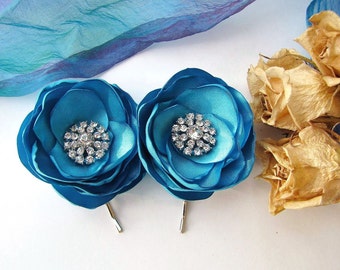 Bridal bobby pins with fabric flowers with rhinestone buttons, floral hair pins, fabric flowers (set of 2 pcs) - BRIDAL TURQUOISE BLOSSOMS