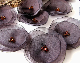 Handmade organza sew on flower appliques (15pcs)- SHIMMER DARK BROWN