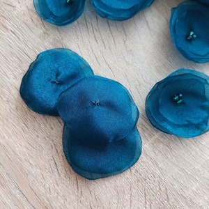 Organza fabric sew on flower appliques, peacock flowers, fabric flowers, organza flowers bulk, silk poppies 15 pcs DARK BLUE TEAL image 3