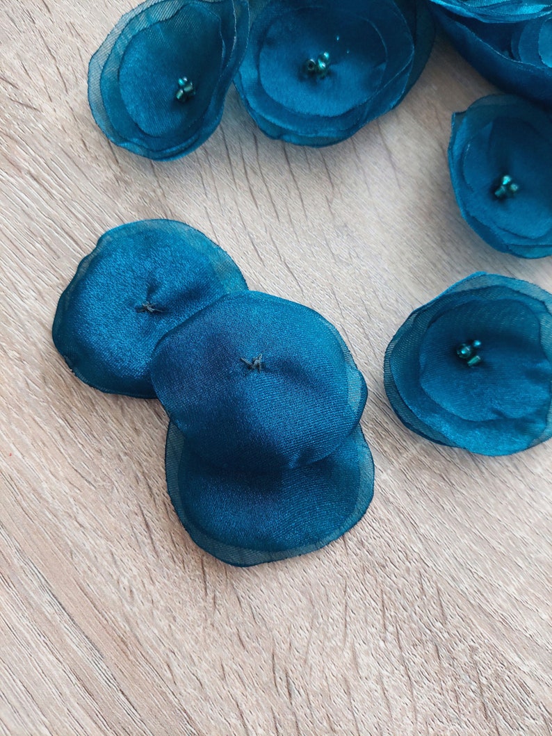 Organza fabric sew on flower appliques, peacock flowers, fabric flowers, organza flowers bulk, silk poppies 15 pcs DARK BLUE TEAL image 3