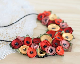 Fabric flower necklace, silk bib necklace, statement necklace, poppy necklace, floral jewelry, textile jewelry, silk flowers- POPPY BOUQUET