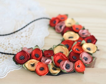 Fabric flower necklace, silk bib necklace, statement necklace, poppy necklace, floral jewelry, textile jewelry, silk flowers- POPPY BOUQUET