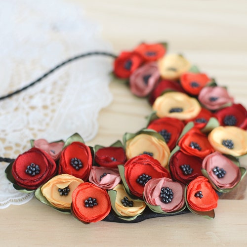 Fabric Flower Necklace Colorful Floral Textile Necklace Etsy