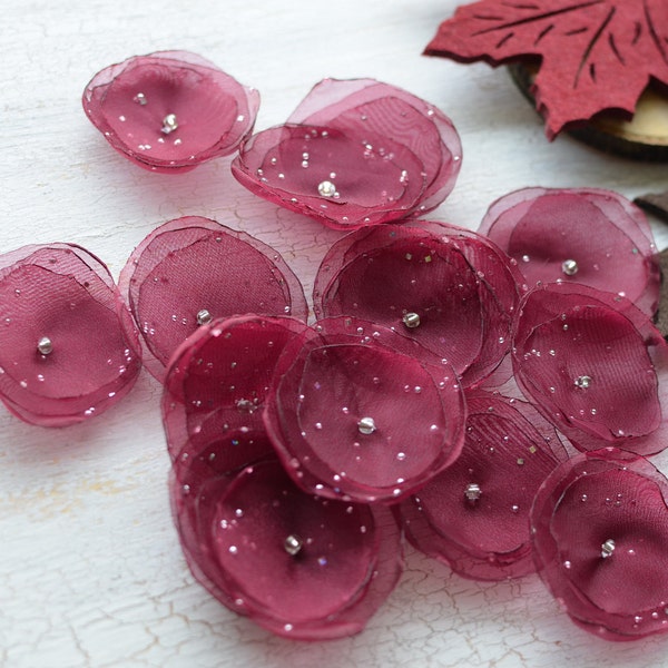 Fabric flowers, organza appliques, flowers for crafts, diy flowers, floral embellishments for bouquets bulk (15pcs)- SPARKLY CRANBERRY