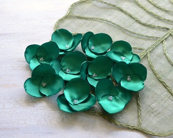 Hydrangea Blossoms- Handmade satin sew on flower appliques, green fabric flowers, satin hydrangeas, cloth flowers (10 pcs)- EMERALD GREEN