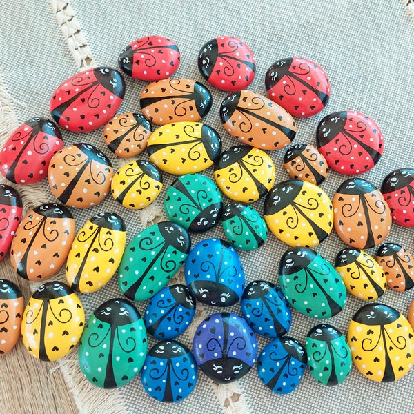 Painted kindness rocks, ladybug rocks, rainbow stones, garden decor, ladybug decor, painted pebble rock decor, rock pet- RAINBOW LADUBUGS