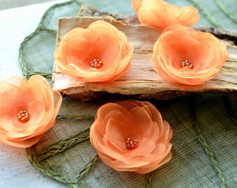 Water Lilies-  Floral embellishments, organza sew on flower appliques, fabric flowers for crafts, cloth flowers (5 pcs)- TANGERINE ORANGE