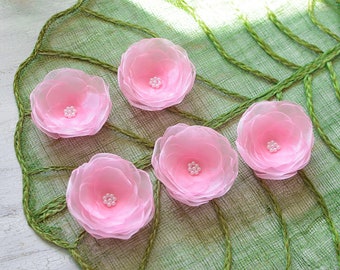 Water Lilies- organza flower appliques, fabric flowers bulk, pink flowers for wedding bouquets, silk water lilies (5 pcs)- COTTON CANDY PINK