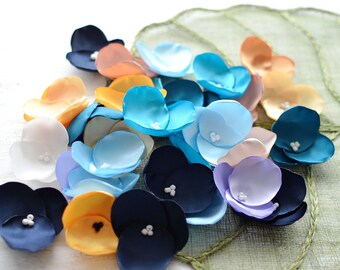 Fabric flowers, applique grab bag, satin appliques, floral embellishments, fabric hydrangeas (30 pcs)- Grab Bag in Assorted Colors (403)
